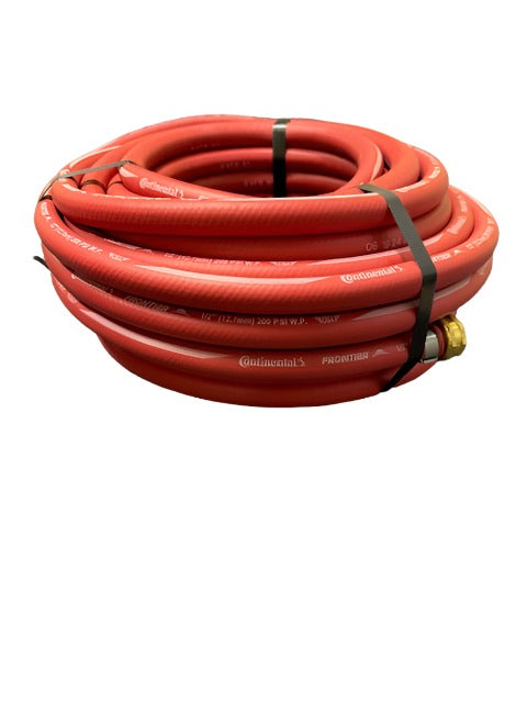 Made in U.S.A.  Experience the durability and versatility of the 1/2" Continental Red Rubber Water Hose. With a heavy duty tube and cover that is resistant to oil, weather, abrasion, and cracking, this hose is perfect for any professional water supply requirement. Enjoy its flexibility and virtually kink-proof design for effortless watering. Whether it's out in the garden or at a work site, this hose does it all. Rated at 200 PSI