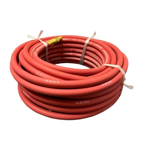 Made in U.S.A.  Expertly designed for maximum performance, the 1/4" Continental Red Air Hose delivers 200 PSI of power. Made with high-quality rubber, this industrial air hose is ideal for all lines and is compatible with portable and pneumatic tools. The coupled male x male fittings ensure secure connections, while the long ferrules and barb fittings provide added durability.