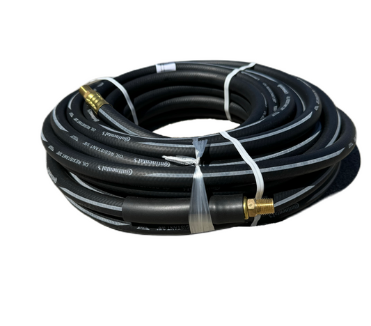 Made in U.S.A.  Expertly designed for maximum performance, the 3/8" Continental Black Air Hose delivers 250 PSI of power. Made with high-quality rubber, this industrial air hose is ideal for all lines and is compatible with portable and pneumatic tools. The coupled male x male fittings ensure secure connections, while the long ferrules and barb fittings provide added durability.  Contact us for alternative hose sizes, colors, lengths, and PSI to suit your needs.
