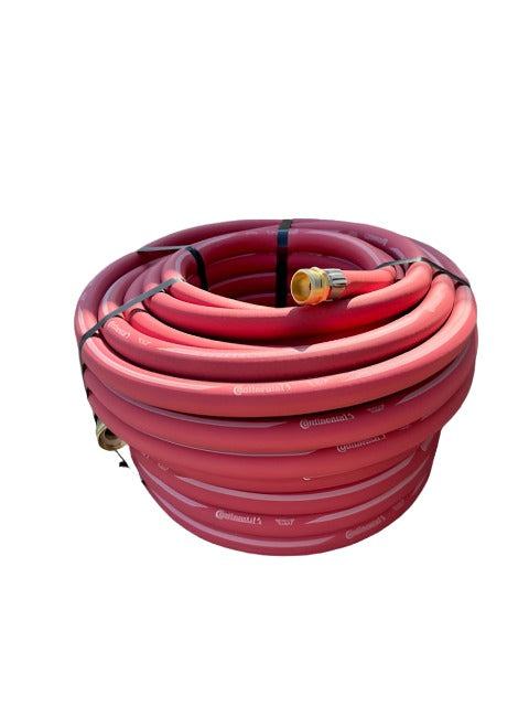 Made in U.S.A.  Experience the durability and versatility of the 5/8" Continental Red Rubber Water Hose. With a heavy duty tube and cover that is resistant to oil, weather, abrasion, and cracking, this hose is perfect for any professional water supply requirement. Enjoy its flexibility and virtually kink-proof design for effortless watering. Whether it's out in the garden or at a work site, this hose does it all. Rated at 200 PSI.