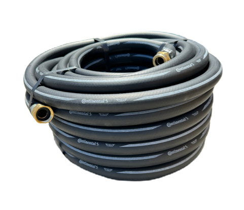 Made in U.S.A.  Experience the durability and versatility of the 5/8" Continental Black Rubber Water Hose. With a heavy duty tube and cover that is resistant to oil, weather, abrasion, and cracking, this hose is perfect for any professional water supply requirement. Enjoy its flexibility and virtually kink-proof design for effortless watering. Whether it's out in the garden or at a work site, this hose does it all. Rated at 200 PSI.