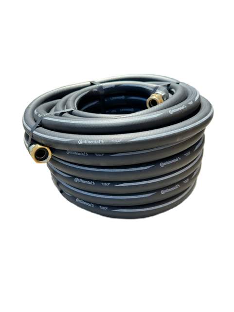 Made in U.S.A.  Experience the durability and versatility of the 1/2" Continental Black Rubber Water Hose. With a heavy duty tube and cover that is resistant to oil, weather, abrasion, and cracking, this hose is perfect for any professional water supply requirement. Enjoy its flexibility and virtually kink-proof design for effortless watering. Rated at 200 PSI.&nbsp;    Contact us for alternative hose sizes, colors, lengths, and PSI to suit your needs.