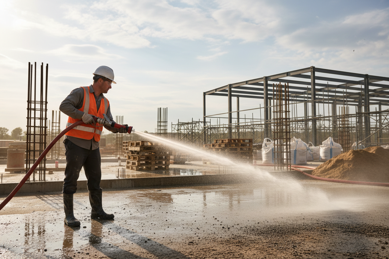 Red water hose at construction site