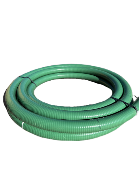 Made in U.S.A.  The PVC Suction Hose is a durable and flexible hose made of high quality virgin material. Its green helix design allows for effective suction and discharge, making it suitable for various industrial, agricultural, and household applications. With its strength and versatility, this hose is perfect for handling water, abrasives, and other liquids.  Coupled with NPT Pin Lug Couplings  Contact us for alternative lengths.